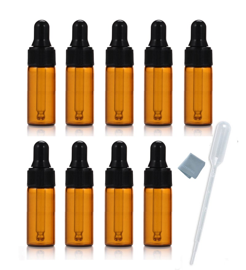 ELFENSTALL Simple-e 10pcs 5ml 1/6oz Amber Mini Glass Bottle Amber Sample Vial Small Essential Oil Bottle with Glass Eye Dropper + 1pc Glass Clean Cloth + 1pc 3ml dropper (10) - Image 1